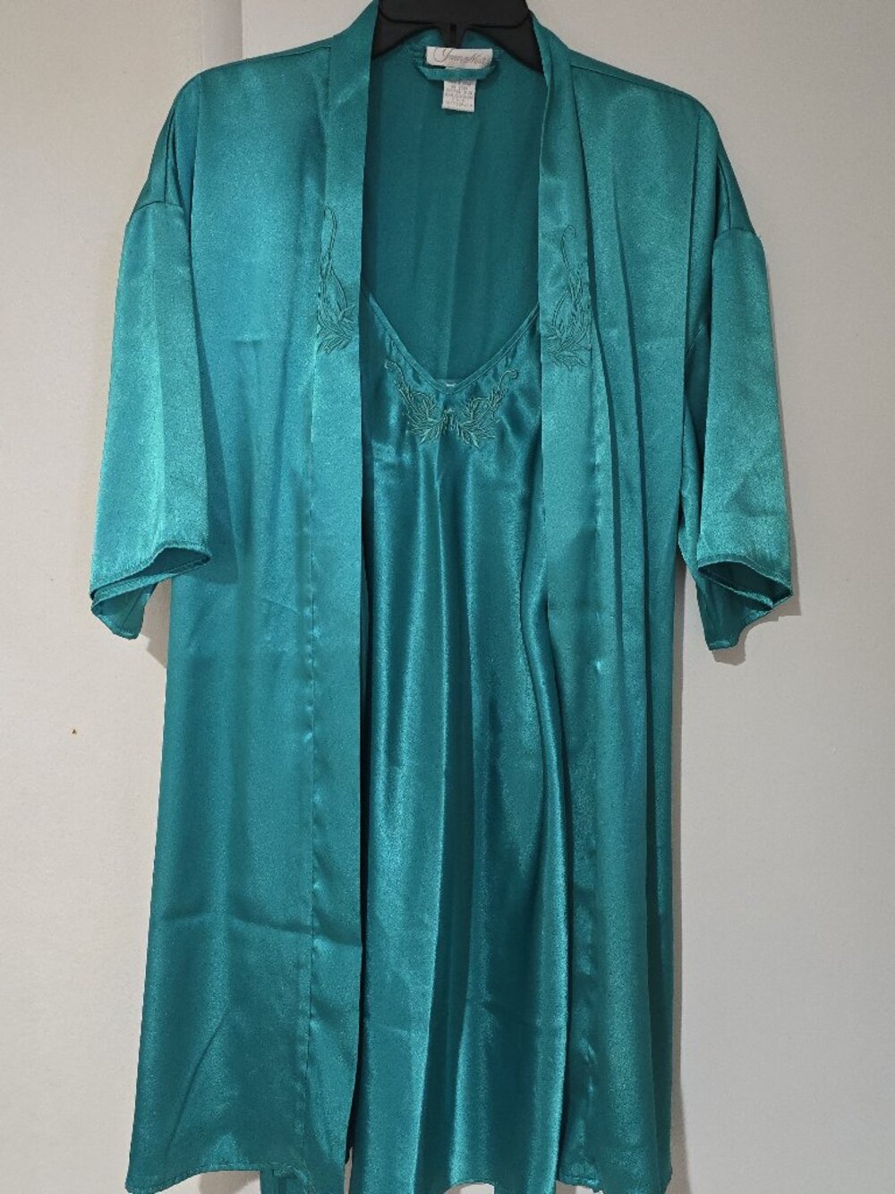 Vintage Inner Most Teal Satin Robe & Slip Nightgown 2 Piece Set S Coquette Merma